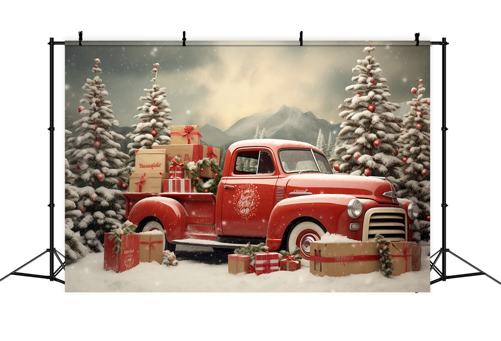 Snowy Christmas Tree Red Truck Backdrop UK RR7-739