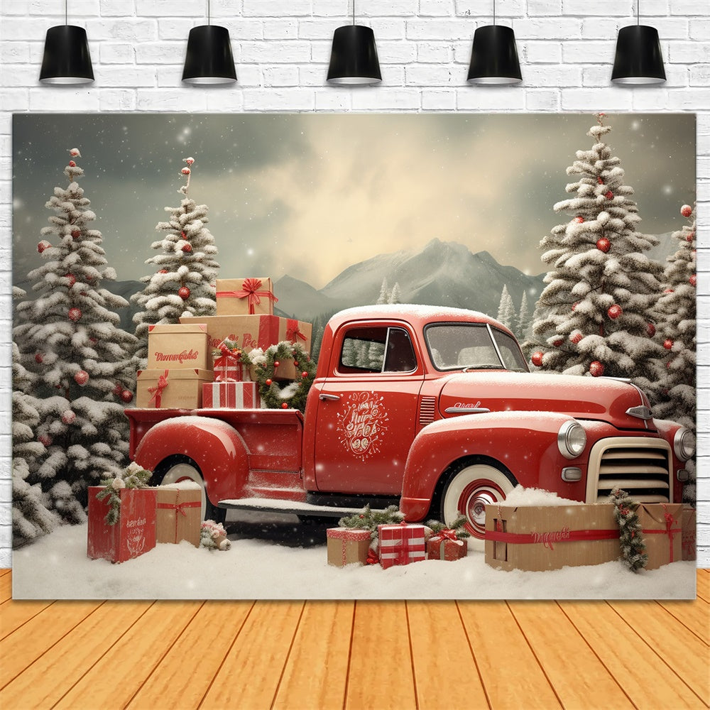 Snowy Christmas Tree Red Truck Backdrop UK RR7-739