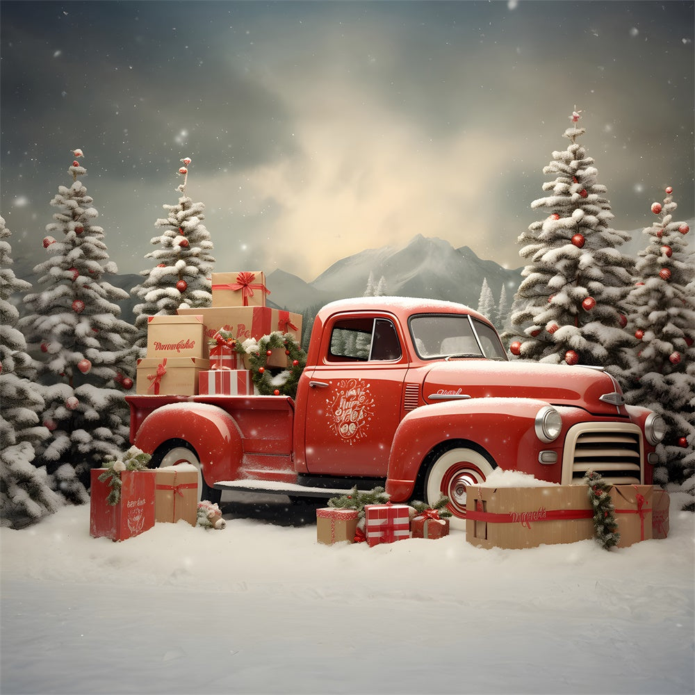 Snowy Christmas Tree Red Truck Backdrop UK RR7-739