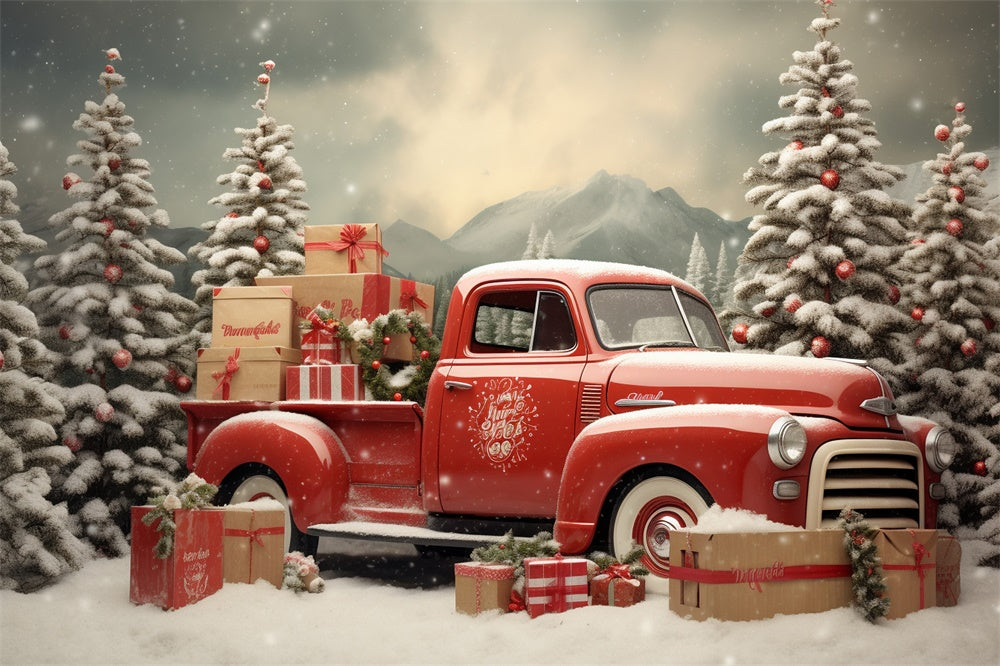 Snowy Christmas Tree Red Truck Backdrop UK RR7-739