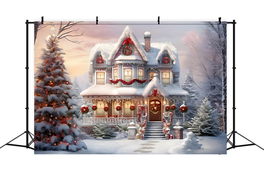 Snow Christmas Decorated House Backdrop UK RR7-740