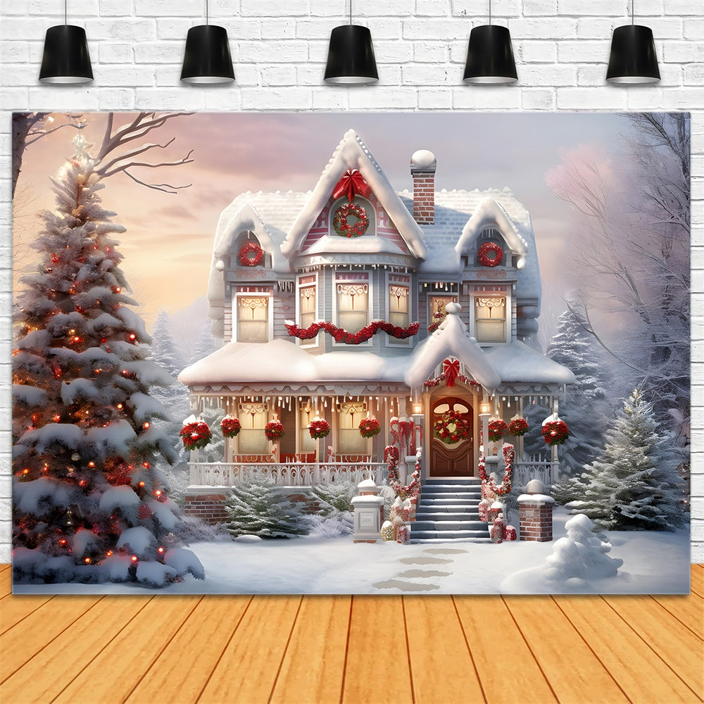 Snow Christmas Decorated House Backdrop UK RR7-740