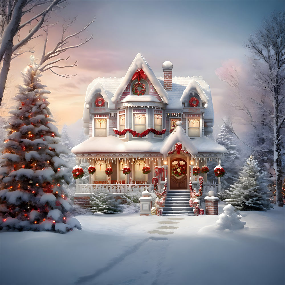 Snow Christmas Decorated House Backdrop UK RR7-740