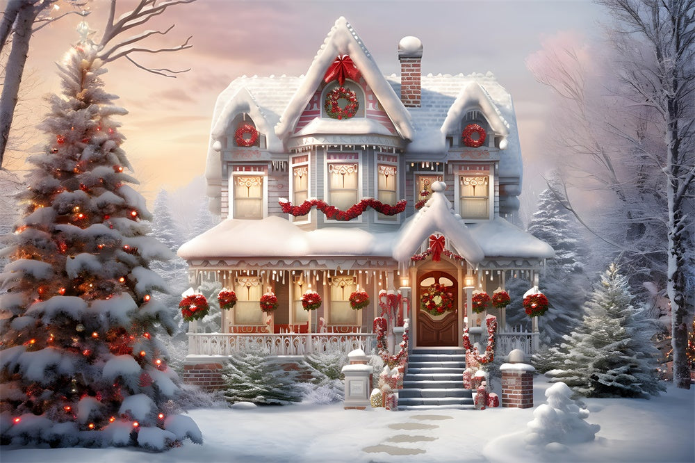 Snow Christmas Decorated House Backdrop UK RR7-740