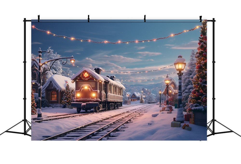 Christmas Train Snowy Village House Backdrop UK RR7-741