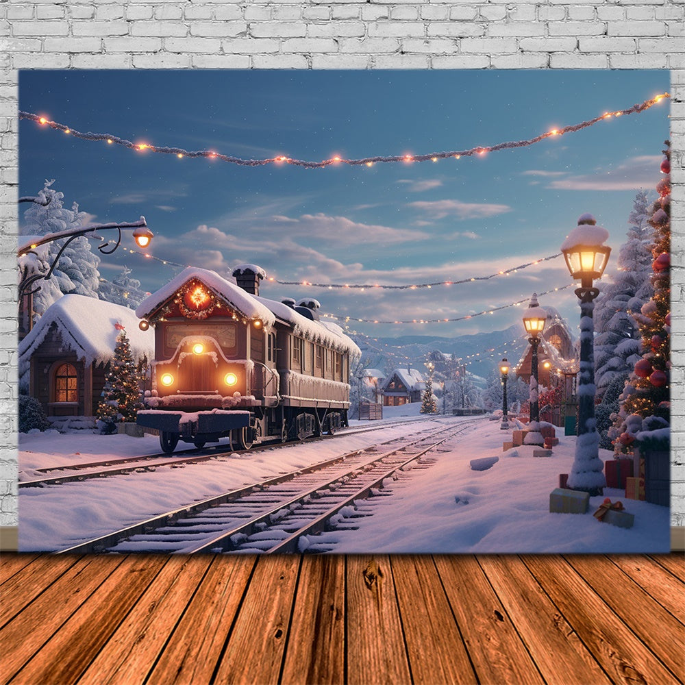 Christmas Train Snowy Village House Backdrop UK RR7-741