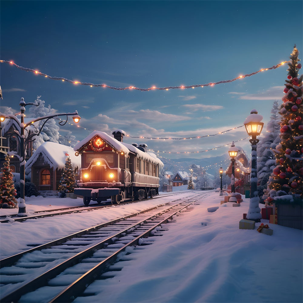 Christmas Train Snowy Village House Backdrop UK RR7-741