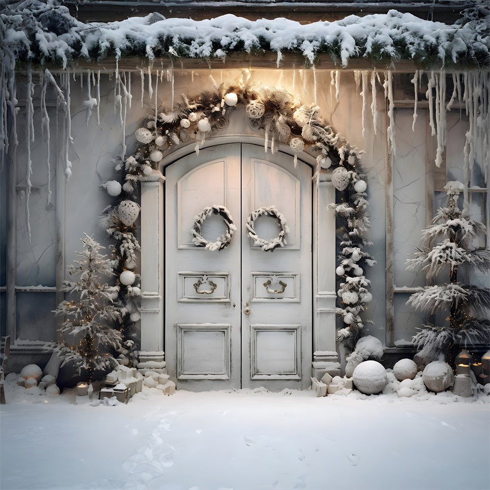 Winter Snow Christmas Wreath Door Backdrop UK RR7-743