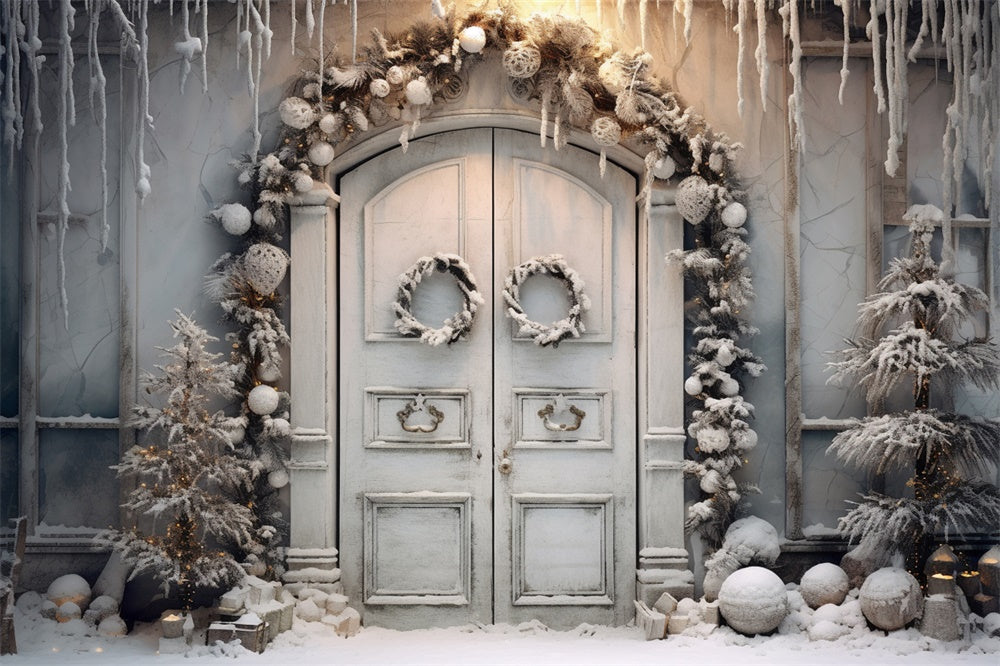 Winter Snow Christmas Wreath Door Backdrop UK RR7-743