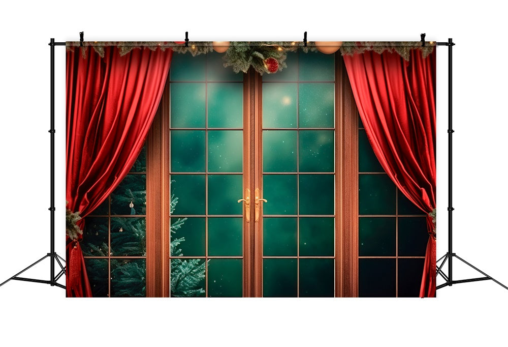 Red Curtain Window Christmas Backdrop UK RR7-747