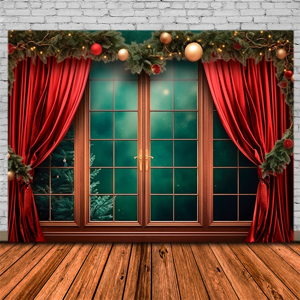 Red Curtain Window Christmas Backdrop UK RR7-747