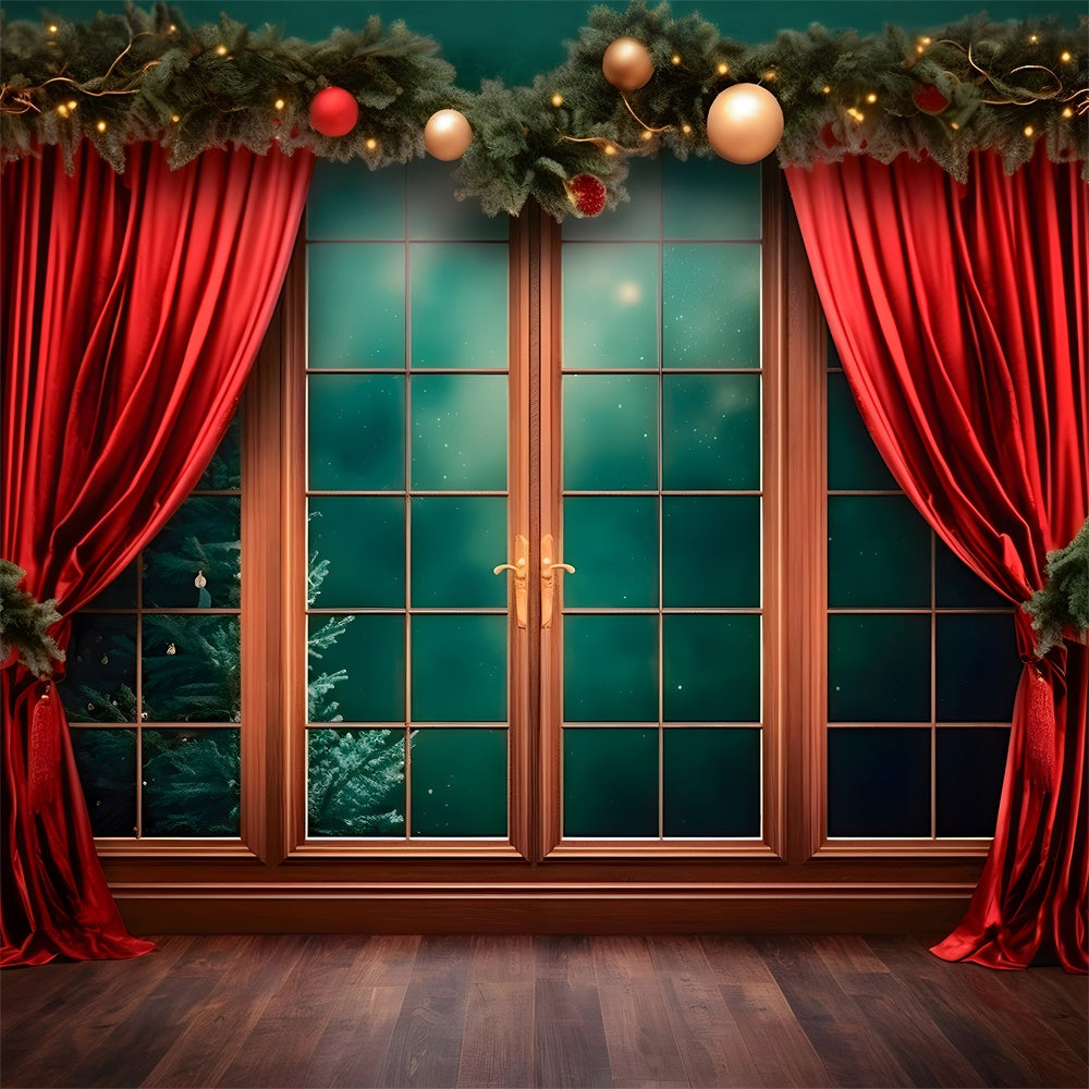 Red Curtain Window Christmas Backdrop UK RR7-747