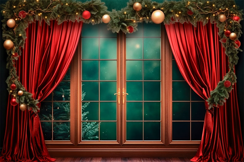 Red Curtain Window Christmas Backdrop UK RR7-747