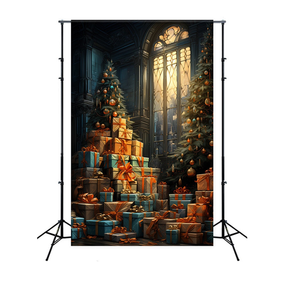 Christmas Tree Gift Boxes Window Backdrop UK RR7-752