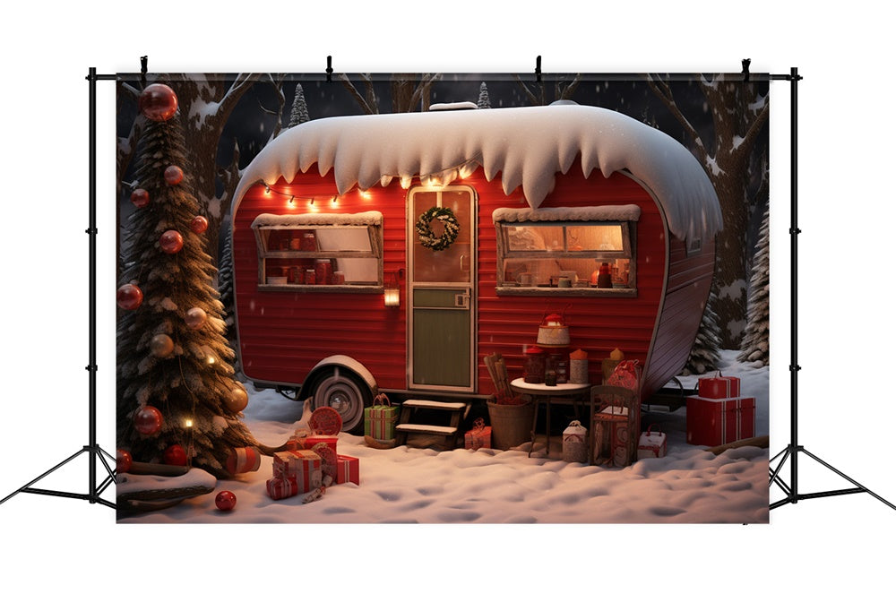 Snowy Forest Christmas Red Camper Backdrop UK RR7-753