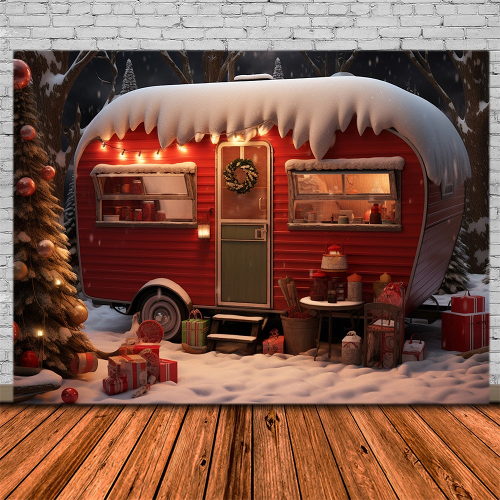 Snowy Forest Christmas Red Camper Backdrop UK RR7-753