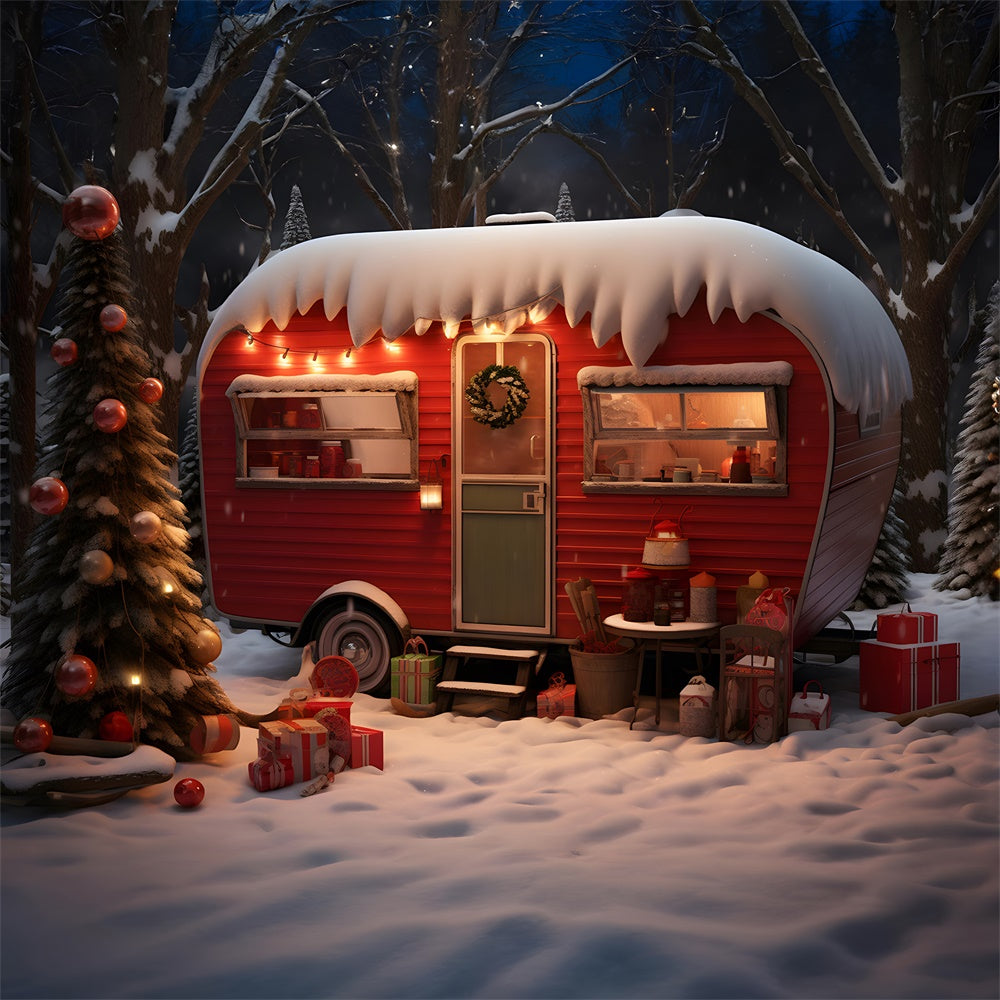 Snowy Forest Christmas Red Camper Backdrop UK RR7-753