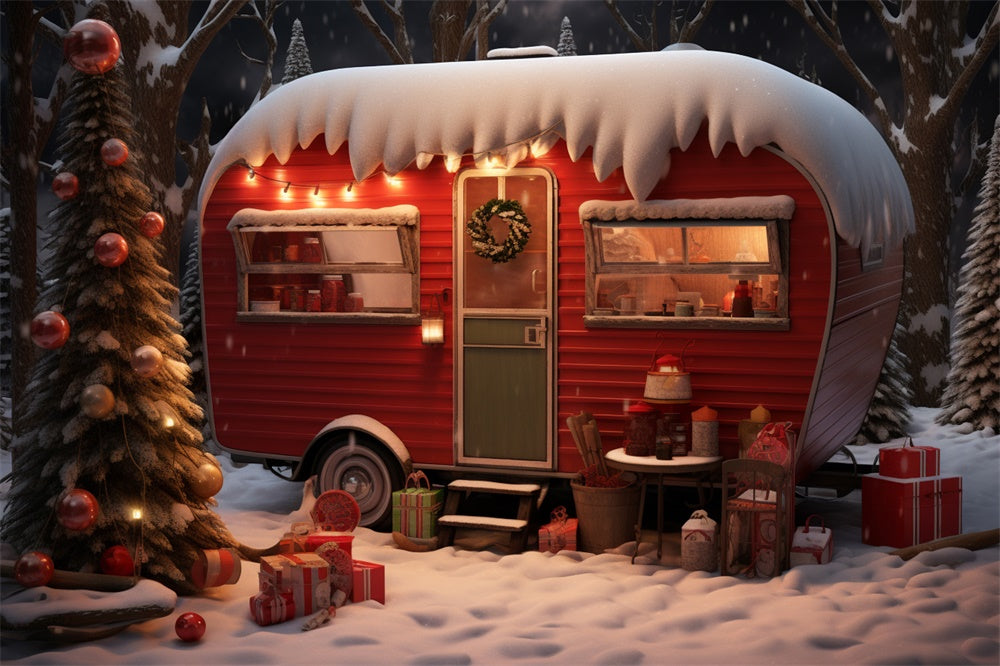 Snowy Forest Christmas Red Camper Backdrop UK RR7-753