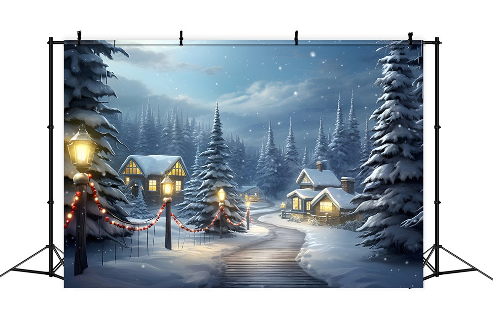 Snowy Forest Houses Christmas Tree Backdrop UK RR7-755