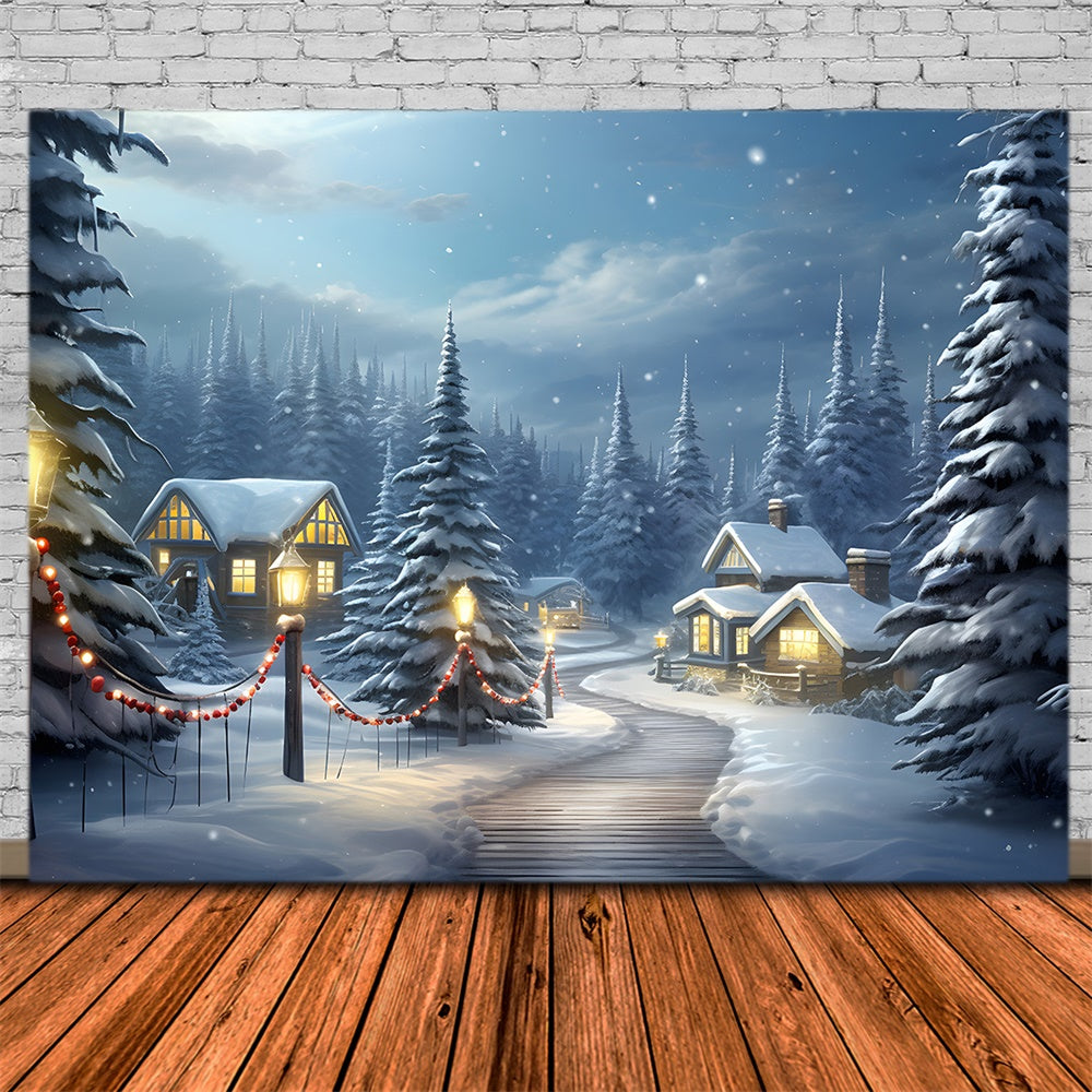 Snowy Forest Houses Christmas Tree Backdrop UK RR7-755