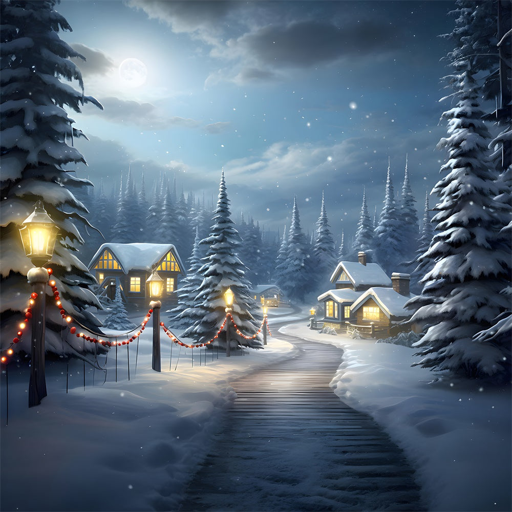 Snowy Forest Houses Christmas Tree Backdrop UK RR7-755