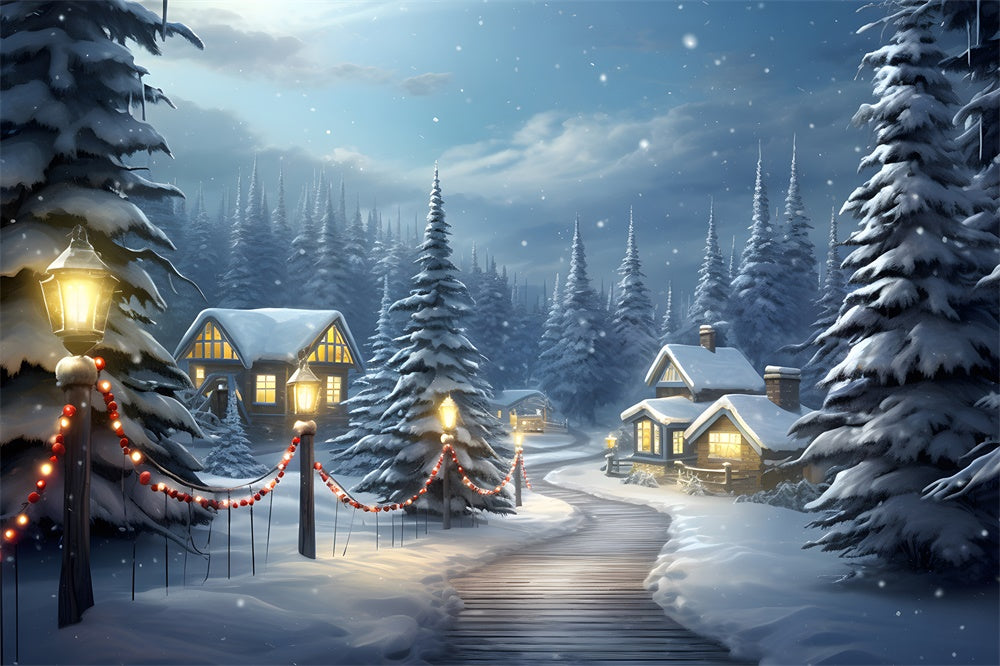 Snowy Forest Houses Christmas Tree Backdrop UK RR7-755