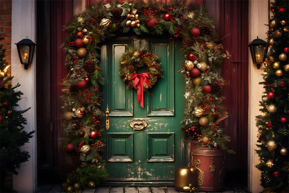 Christmas Balls Wreath Green Door Backdrop UK RR7-758