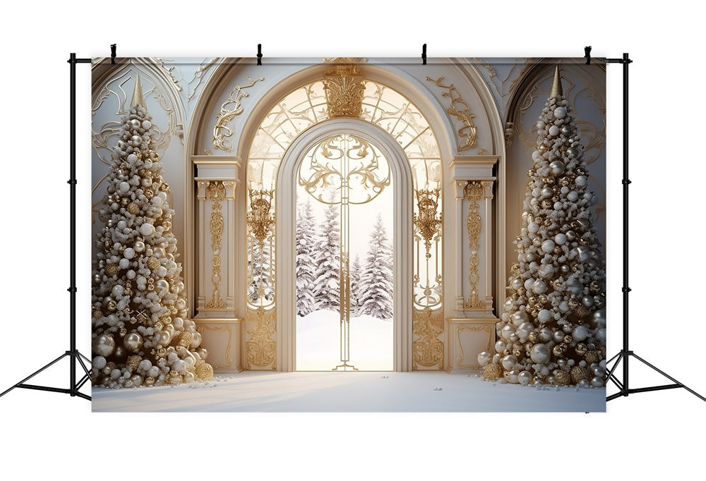 Christmas Tree Mansion Door Snow Backdrop UK RR7-761