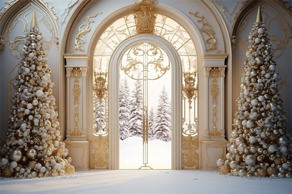 Christmas Tree Mansion Door Snow Backdrop UK RR7-761