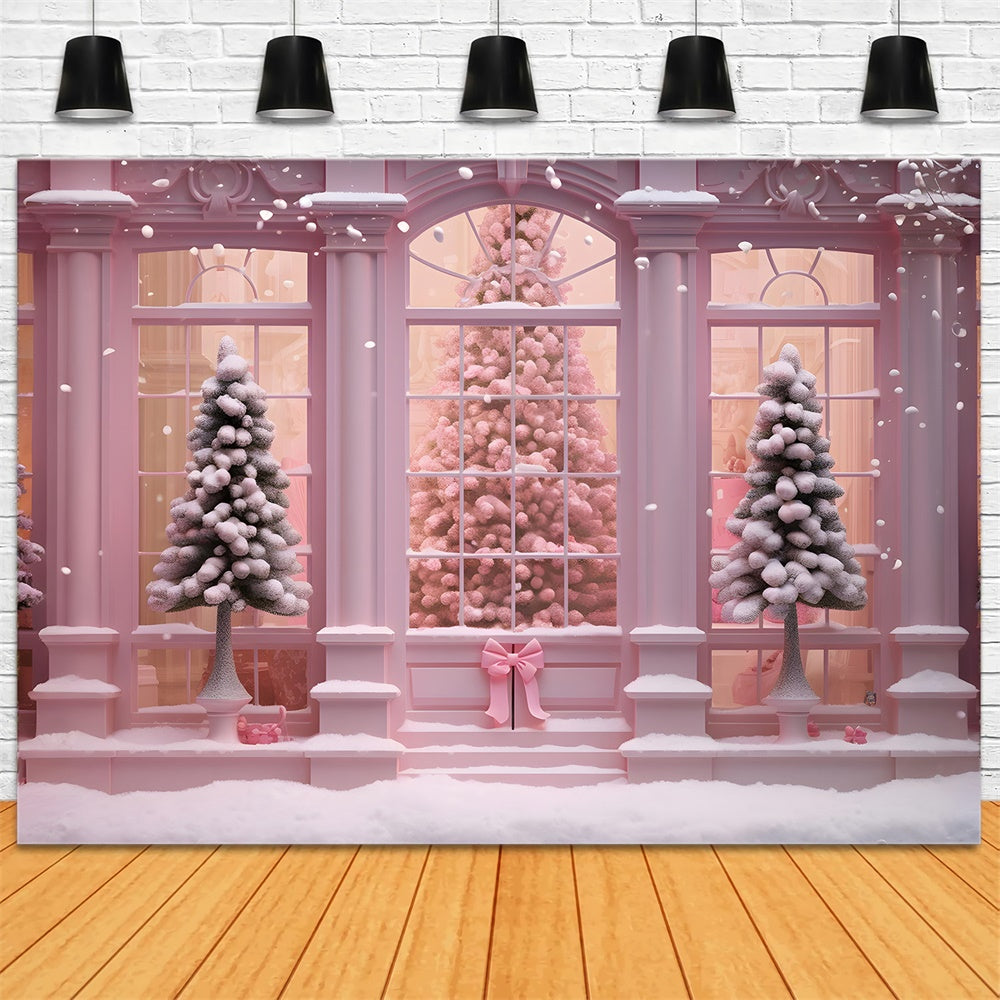 Pink Christmas Tree House Window Backdrop UK RR7-762