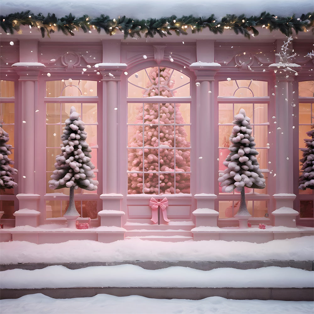 Pink Christmas Tree House Window Backdrop UK RR7-762