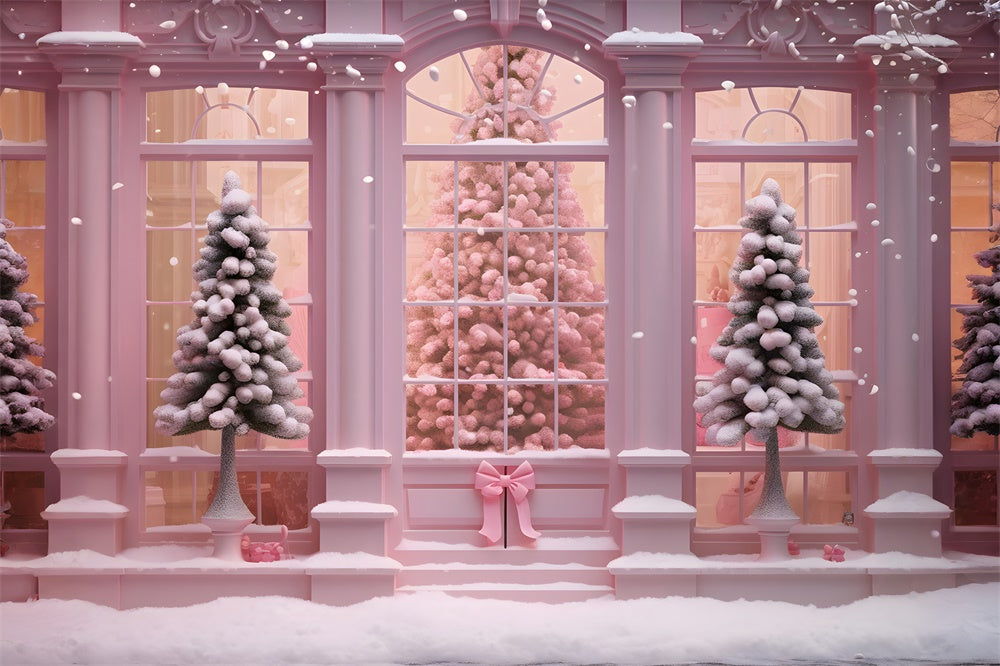 Pink Christmas Tree House Window Backdrop UK RR7-762