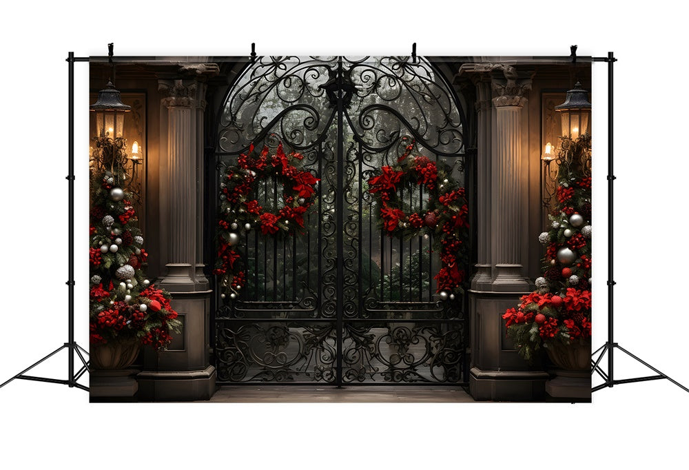 Christmas House Wreath Iron Gate Backdrop UK RR7-763