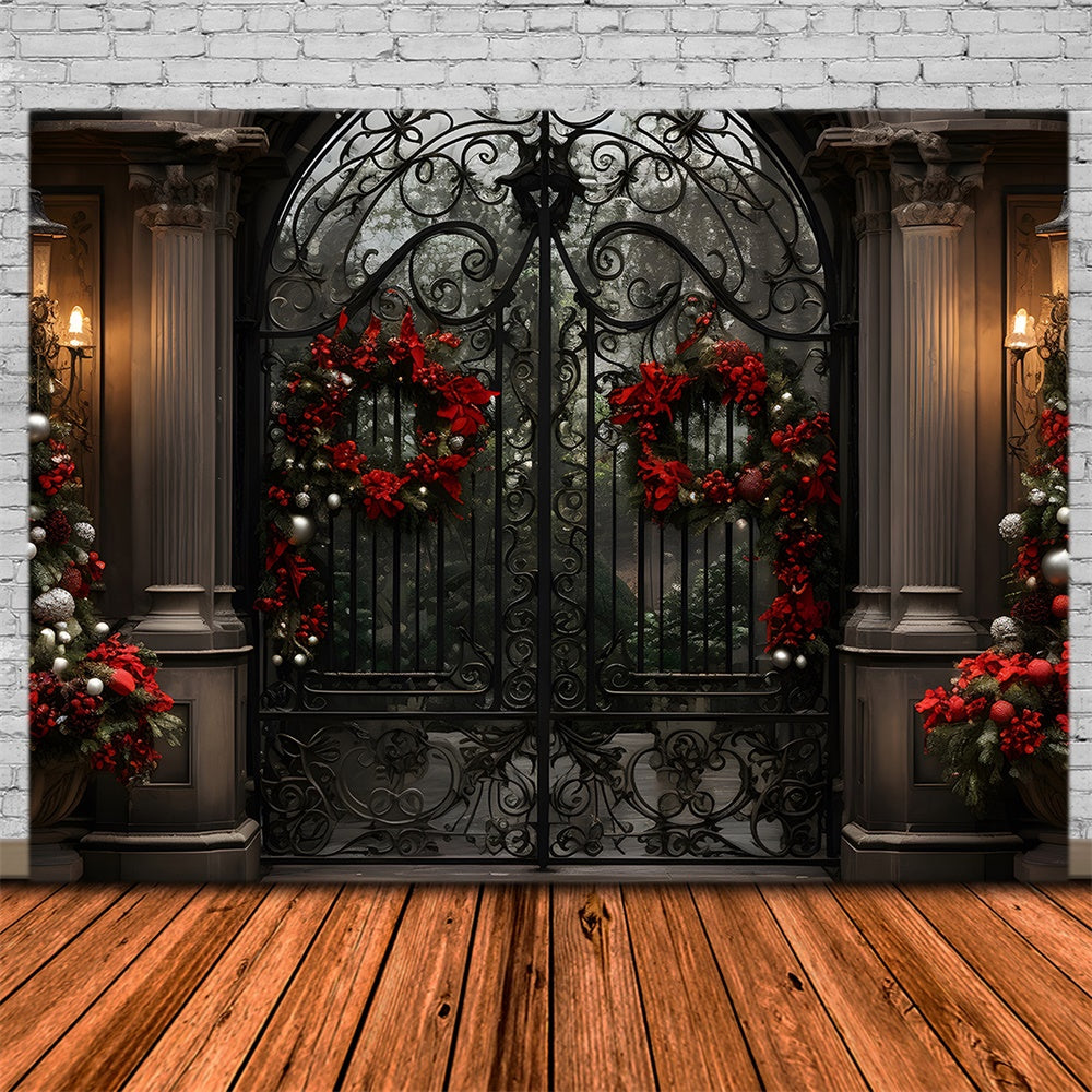 Christmas House Wreath Iron Gate Backdrop UK RR7-763