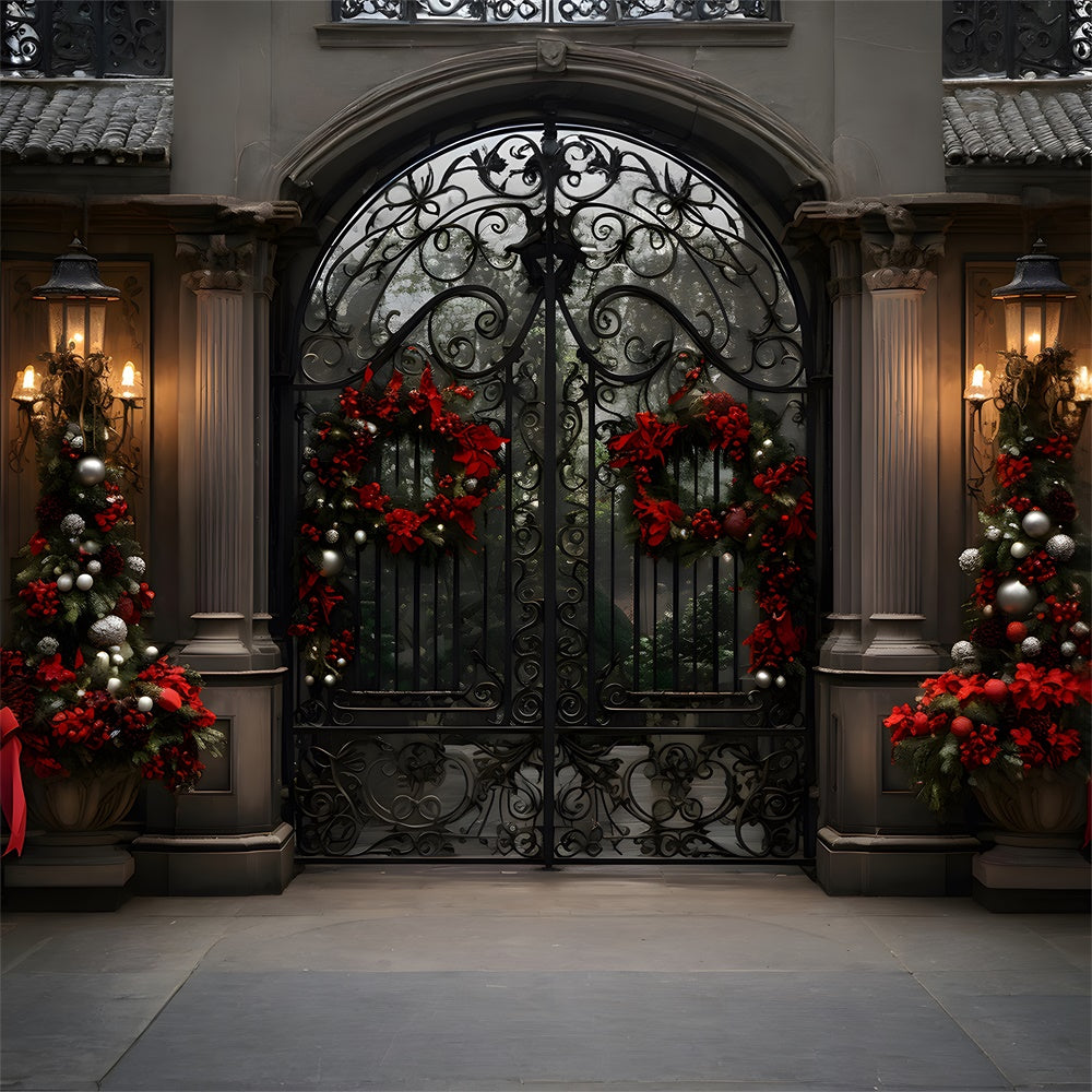 Christmas House Wreath Iron Gate Backdrop UK RR7-763