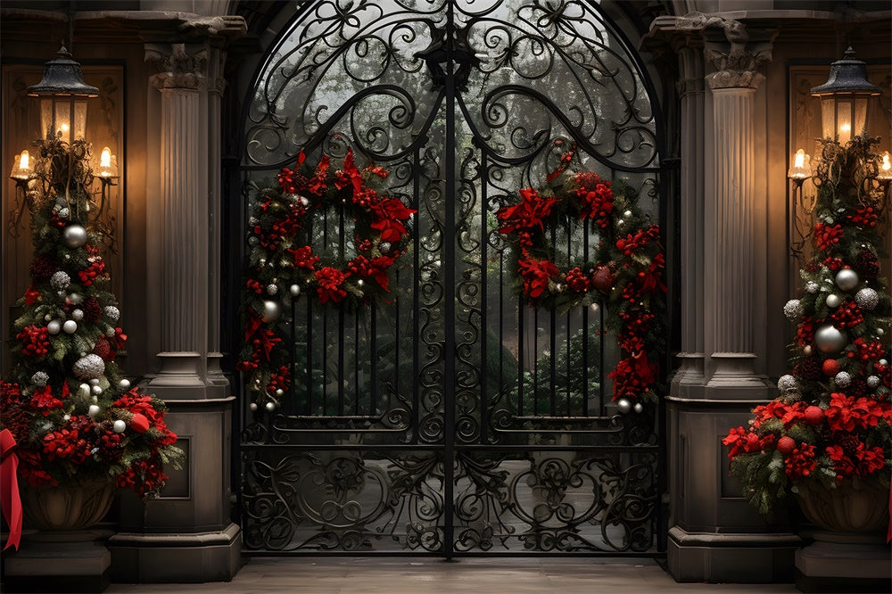 Christmas House Wreath Iron Gate Backdrop UK RR7-763