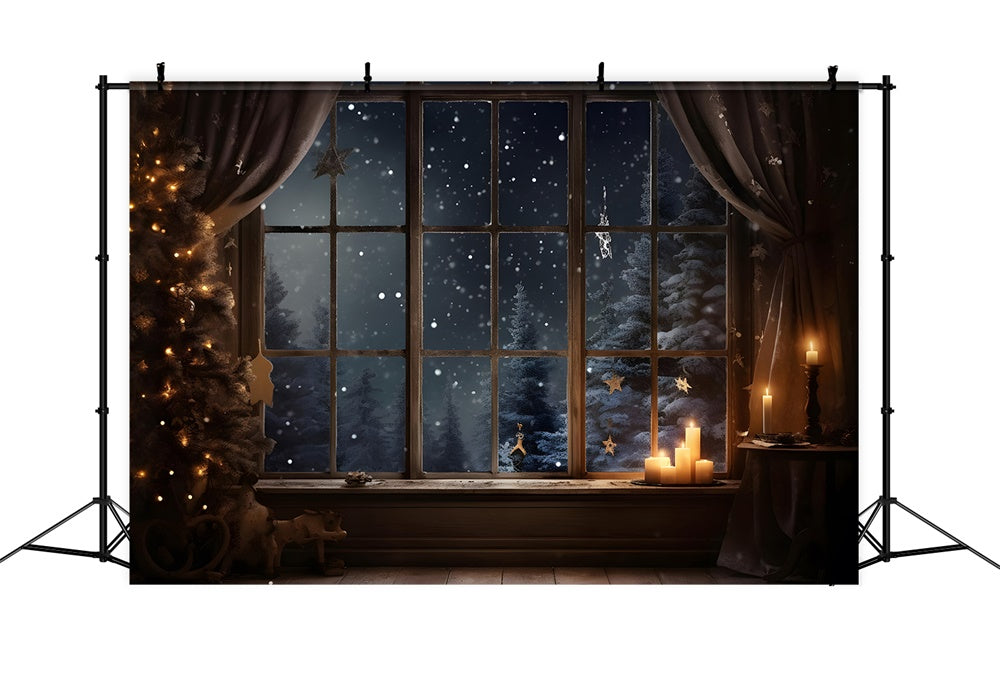 Christmas Night Window Snowy Trees Backdrop UK RR7-765