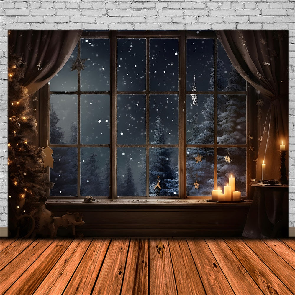 Christmas Night Window Snowy Trees Backdrop UK RR7-765