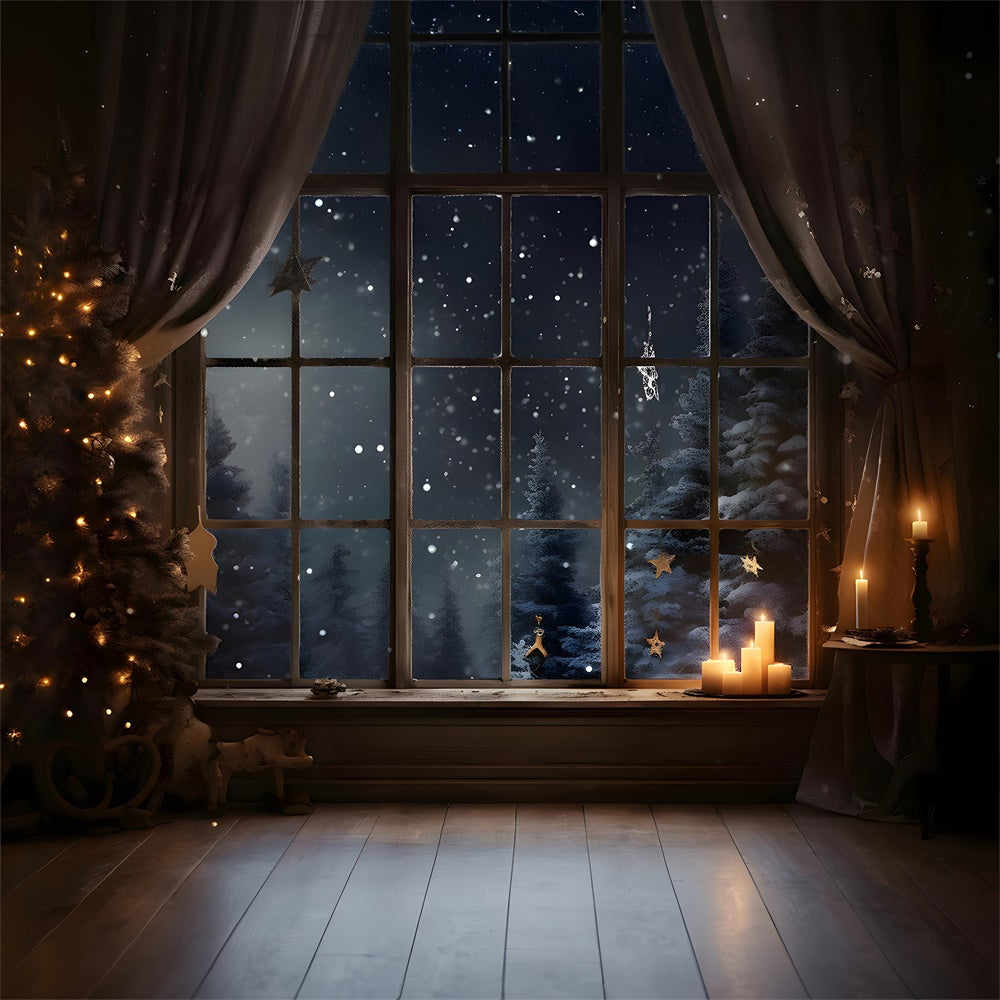 Christmas Night Window Snowy Trees Backdrop UK RR7-765