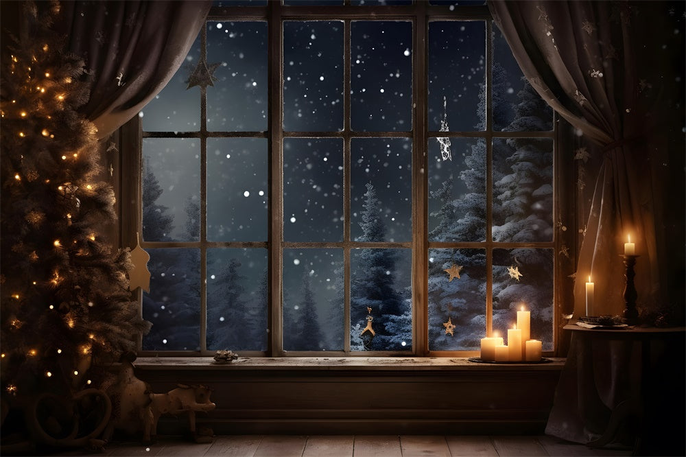 Christmas Night Window Snowy Trees Backdrop UK RR7-765