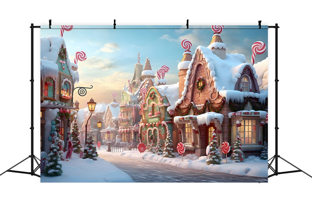 Snow Candy Gingerbread House Town Backdrop UK RR7-766