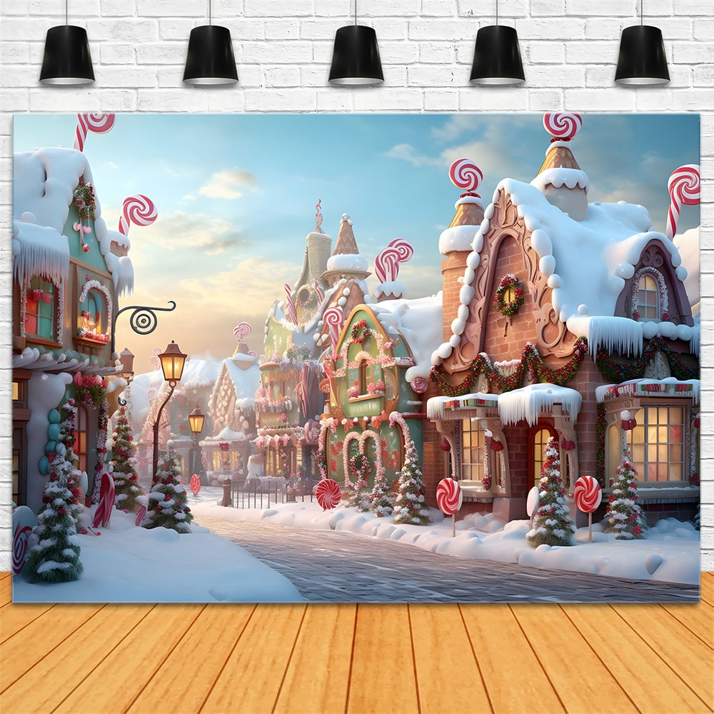 Snow Candy Gingerbread House Town Backdrop UK RR7-766