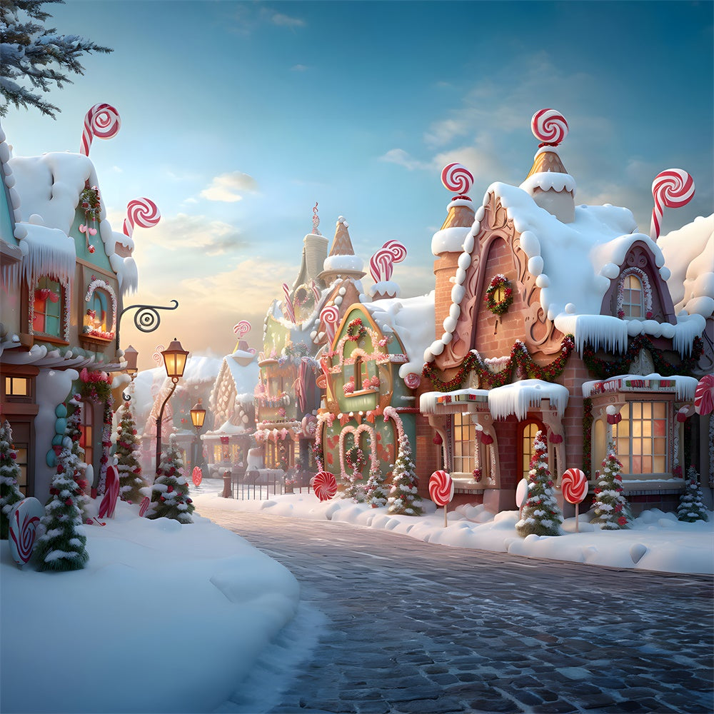 Snow Candy Gingerbread House Town Backdrop UK RR7-766