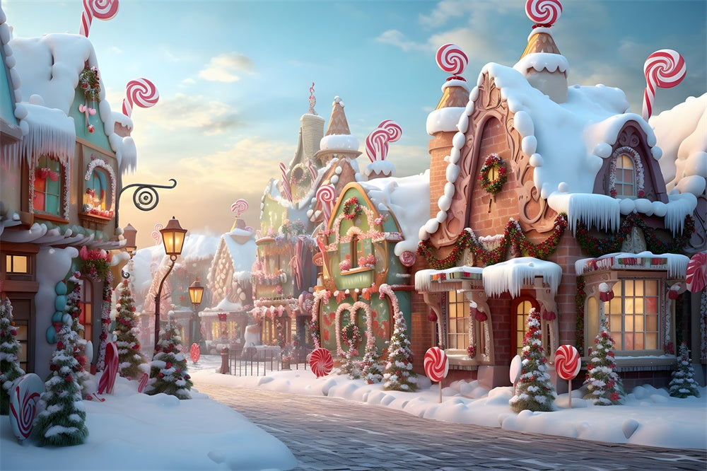 Snow Candy Gingerbread House Town Backdrop UK RR7-766