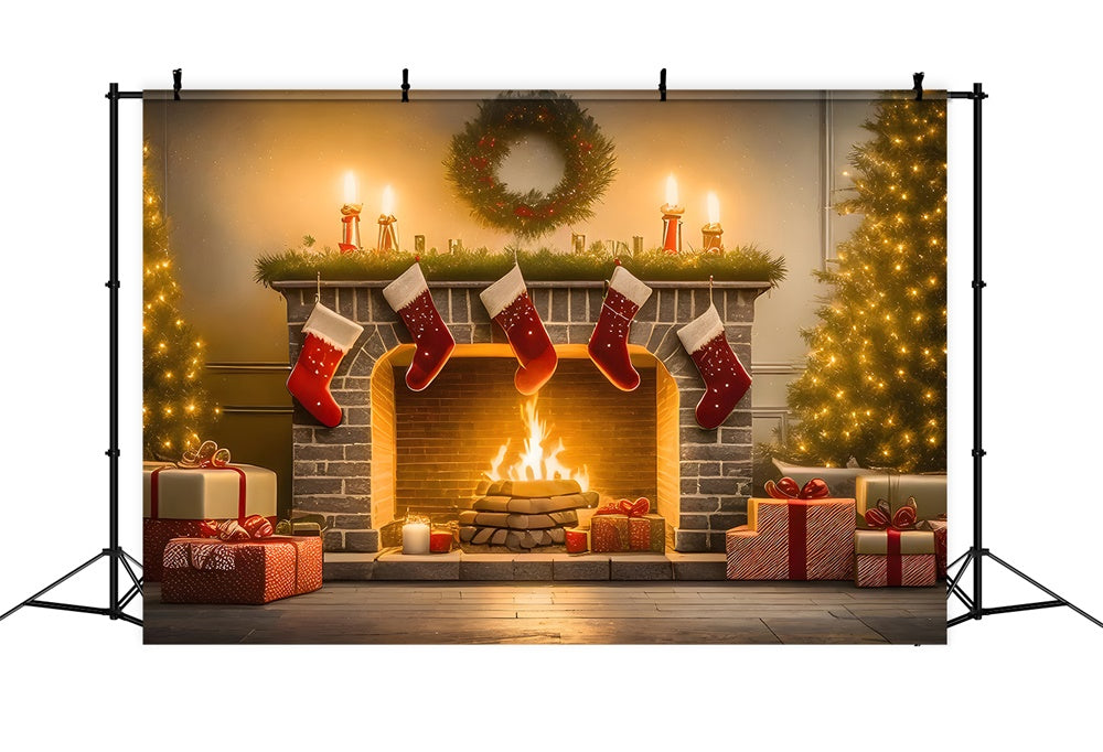 Christmas Tree Stocking Fireplace Backdrop UK RR7-770