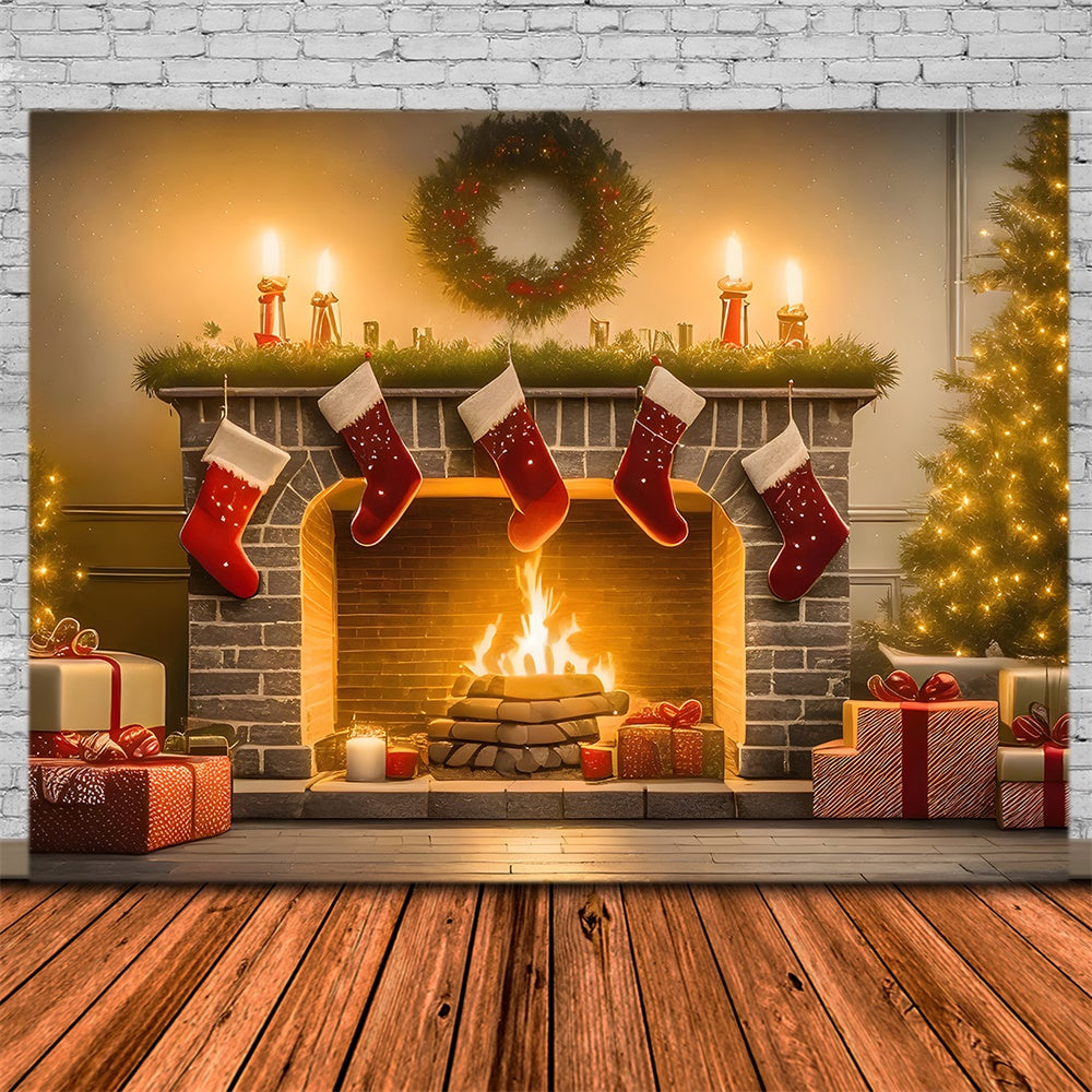 Christmas Tree Stocking Fireplace Backdrop UK RR7-770