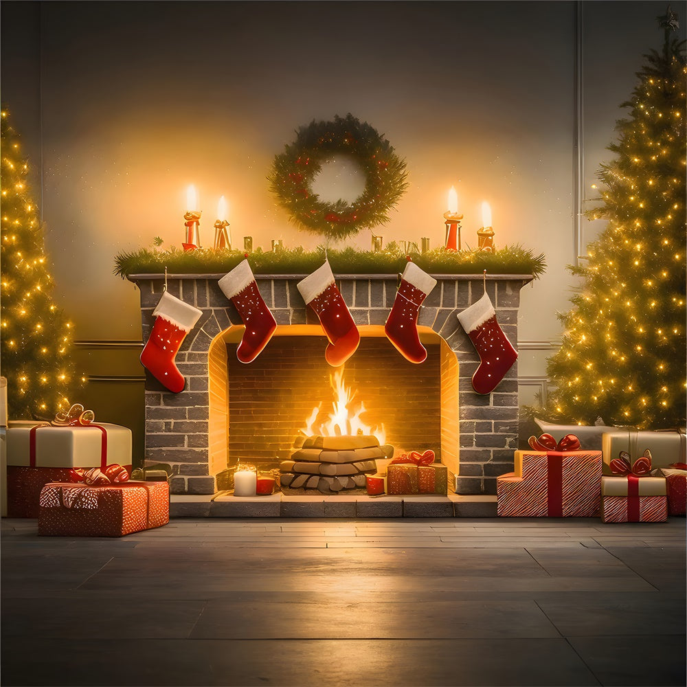 Christmas Tree Stocking Fireplace Backdrop UK RR7-770