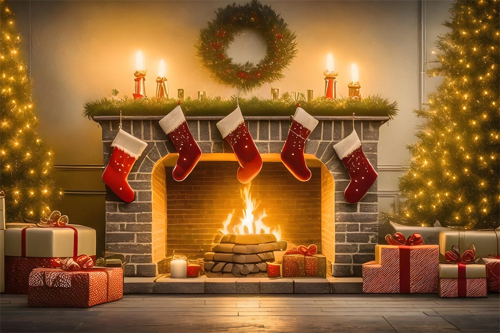 Christmas Tree Stocking Fireplace Backdrop UK RR7-770