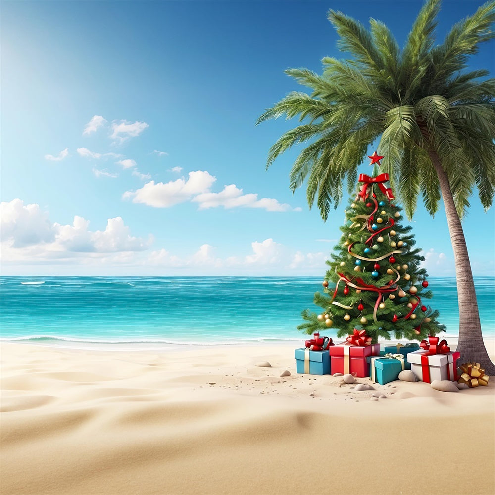 Christmas Tree Gift Boxes Beach Backdrop UK RR7-772