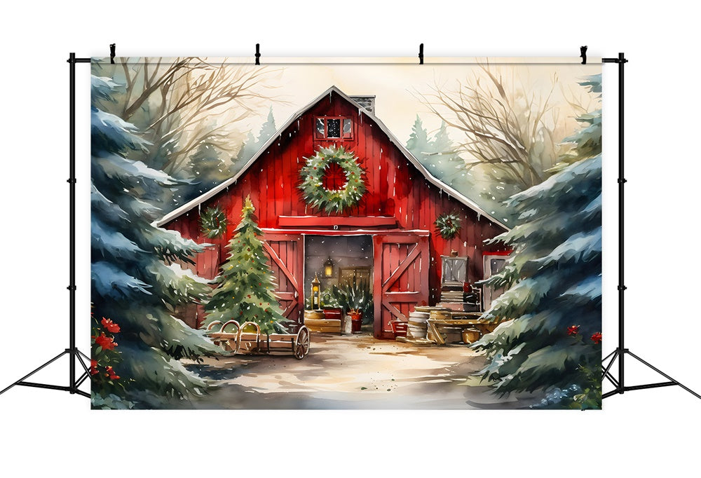 Watercolor Wooden House Christmas Tree Backdrop UK RR7-774